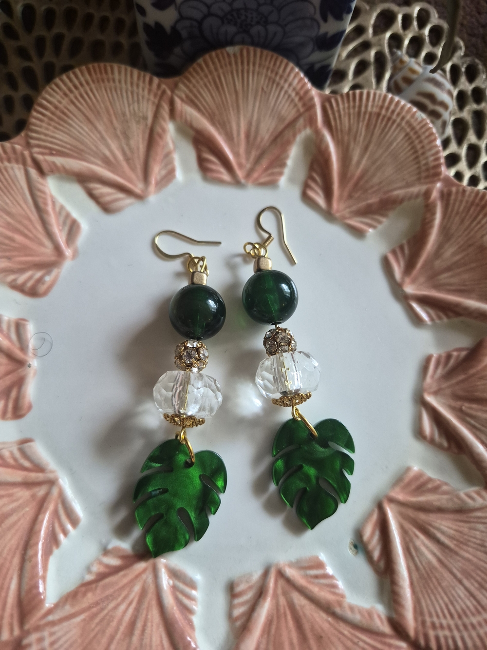 Green Leaf Drop Earrings with Gold Accents